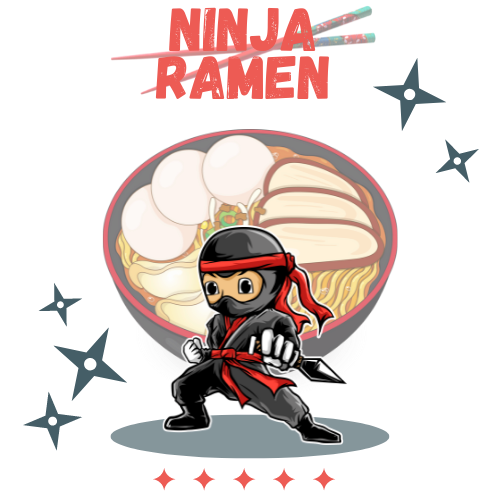 Name of restaurant, bowl of ramen and ninja on front